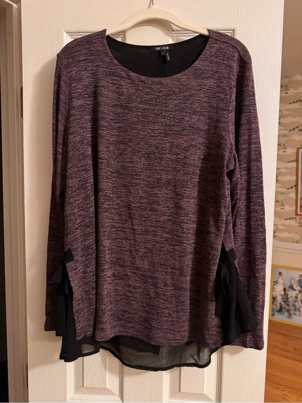 NIC+ZOE Plum Marbled Long-Sleeve Top with Chiffon Hem and Hip Detail